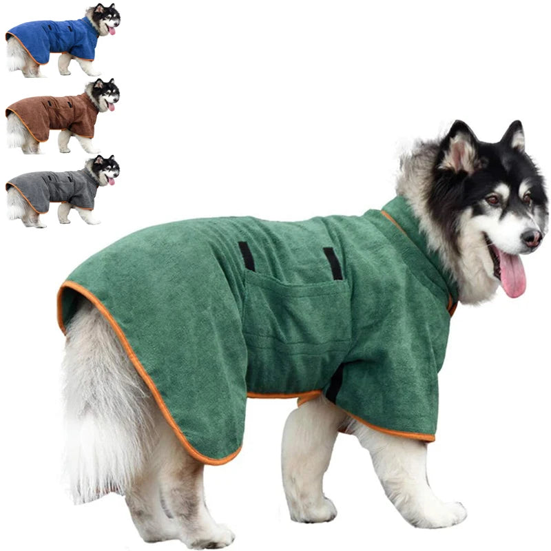 WellKin Quick-Dry Dog Robe in forest green on a large dog